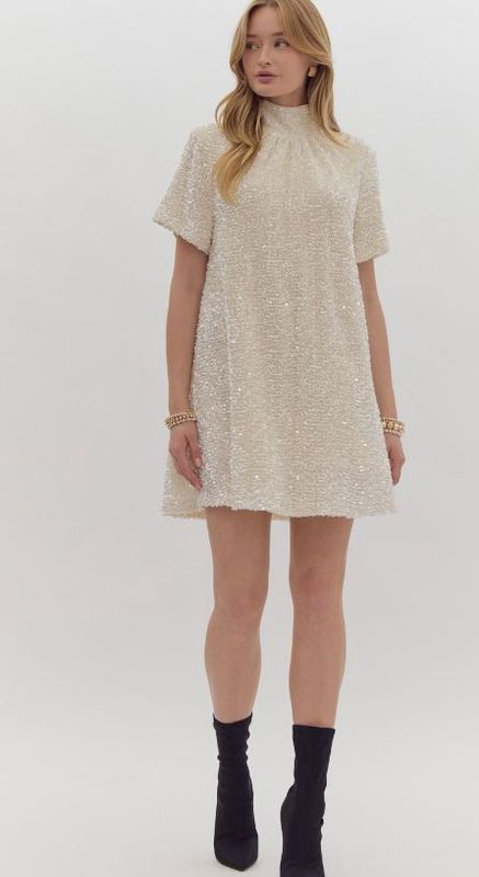 Sequin  S/S Turtle neck mini dress w/ tie back, Color: Pearl, Size: Small