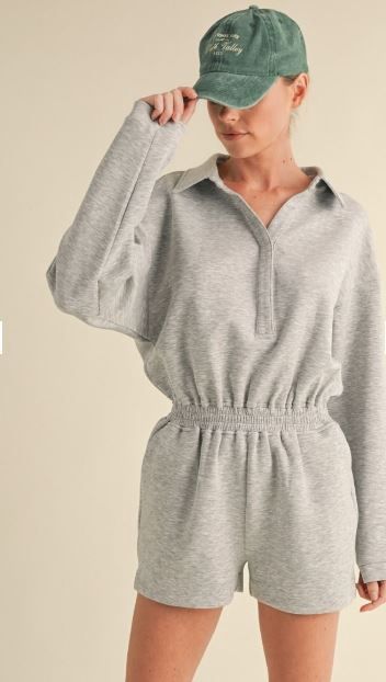 Collared Romper w/ Elastic Waistband, Color: Heather Grey, Size: Small