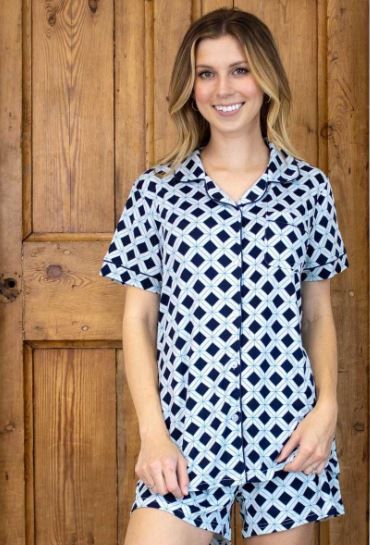 Bombay S/S Button Sleep Shirt, Color: Ice/Blue /Navy, Size: Small