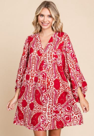 Paisley Print V-Neck Dress, Color: Brick, Size: Small