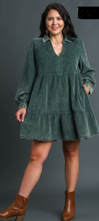 Mineral Wash Corduroy  Collared Dress, Color: Hunter Green, Size: Small