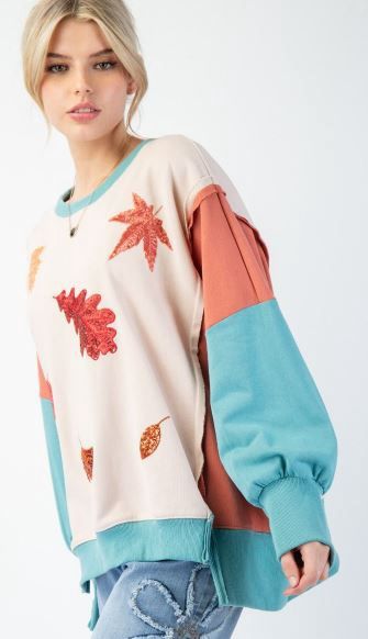 Color Blk Sequins Patch Terry Knit Pullover Ballon Slvs