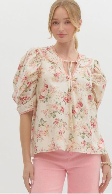 Floral Top w/ Tie, Color: Cream, Size: Small