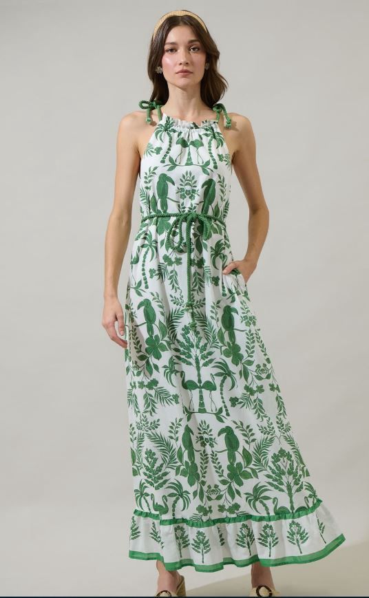 Kimana Floral Halter Neck Maxi Dress, Color: Wht/Green, Size: X-Small