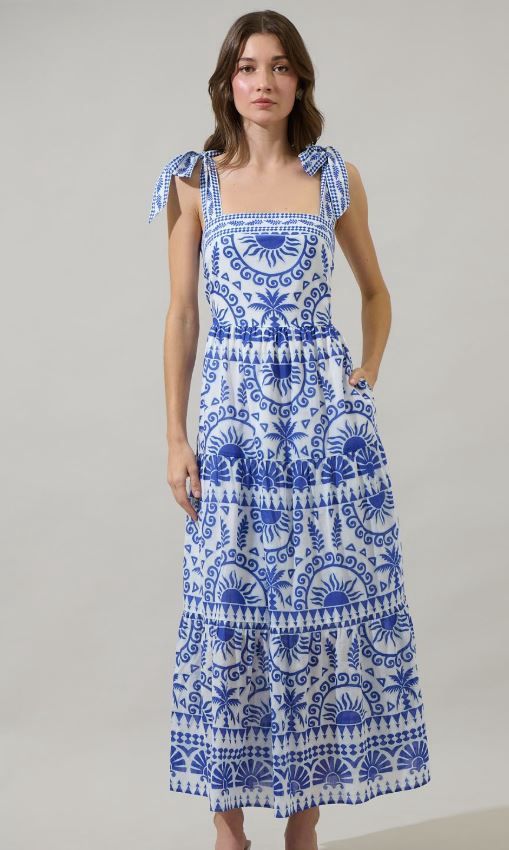 Rivera Tiered Maxi Dress, Color: Wht/Blue, Size: X-Small