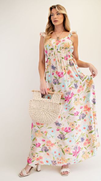 V-Neck Printed Maxi Dress, Color: Sweet Cream, Size: Small