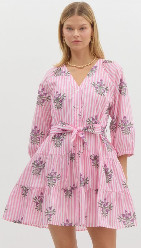 Striped Floral Print 3/4 Slv Mini Dress
