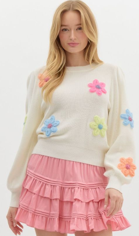 Sweater L/ S w/ Floral Appliques, Color: Cream, Size: Small