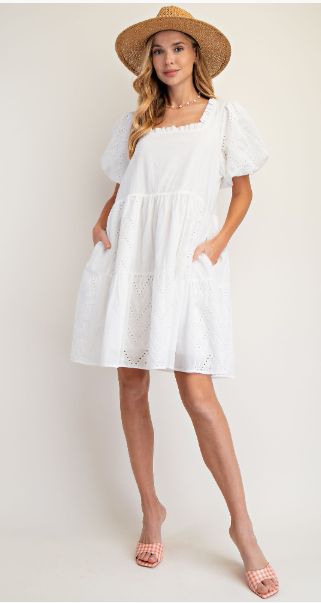 Eyelet Lace S/S Dress, Color: White, Size: Small