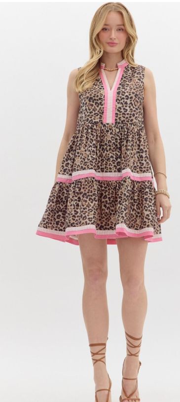 Sleeveless Tiered Mini Dress, Color: Leopard/Pink, Size: Small