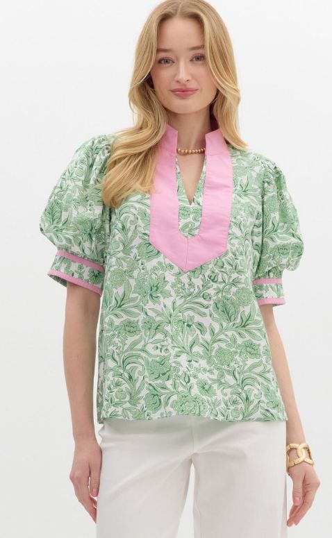 Floral Print Puff Sleeve Pullover Top, Color: Green, Size: Small