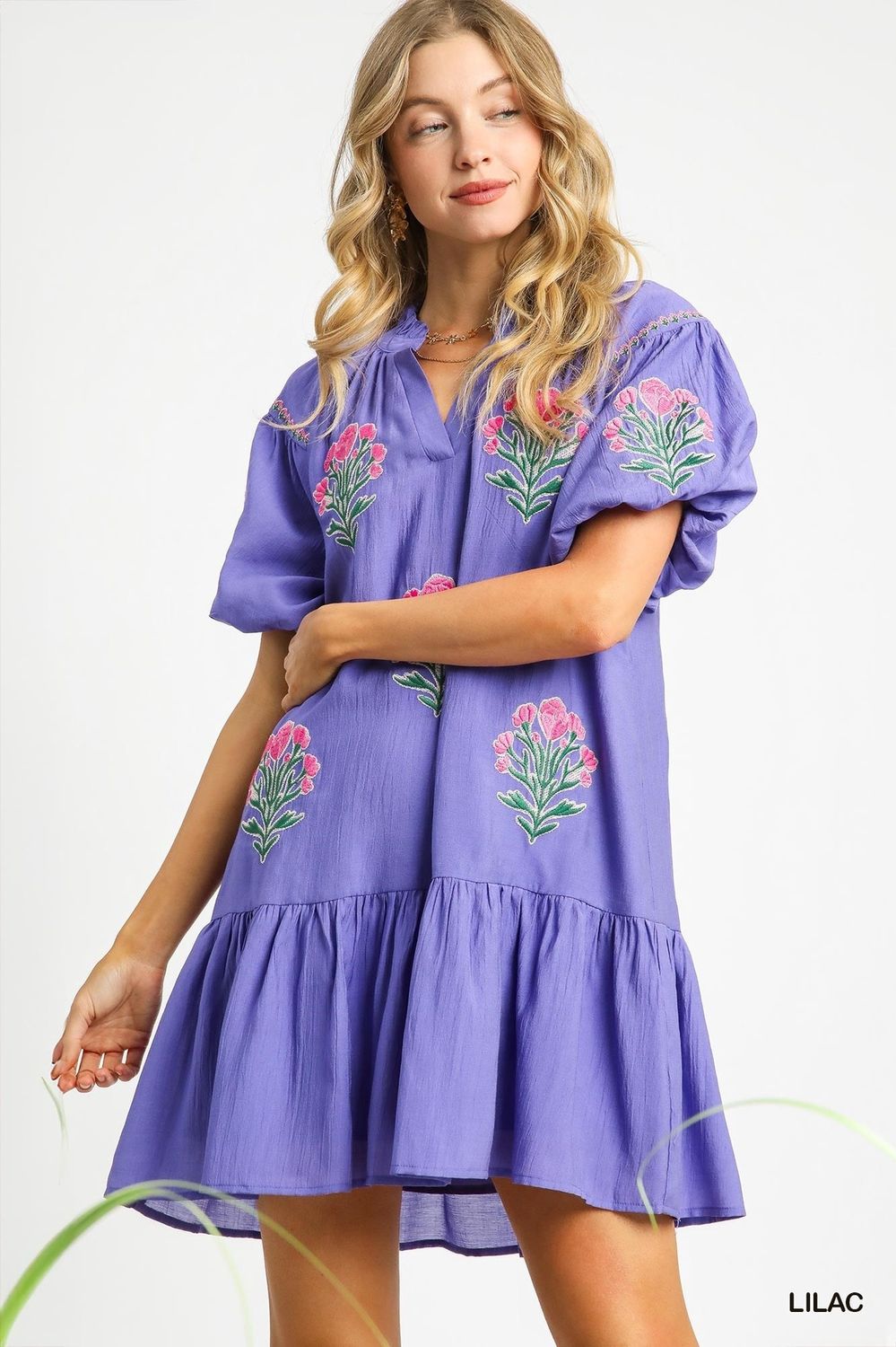Boho Floral Embroidered Mini Dress, Color: Lilac, Size: Small