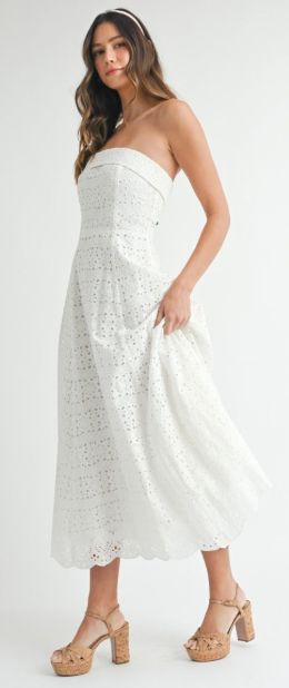 Eyelet Strapless Fit and Flare Midi Dress, Size: Small, Color: Off White