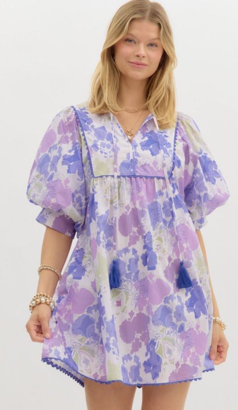 Floral Elbow Length Slv Mini Dress, Color: Purple, Size: Small