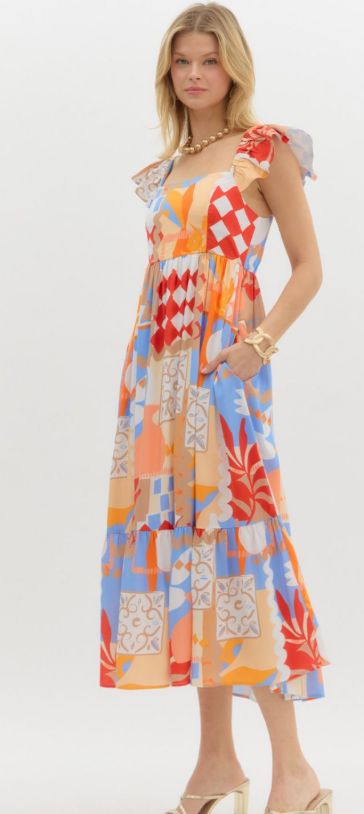 Flutter Sleeve Midi Dress, Size: Small, Color: Red Combo