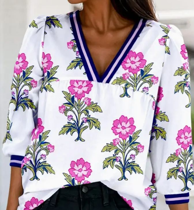 Floral Print VNeck 3/4 Slv Blouse, Size: Small, Color: White/Floral