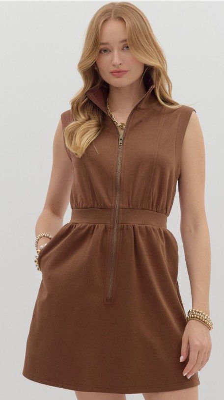 Sleeveless zip-up Mini Dress, Size: Small, Color: Espresso