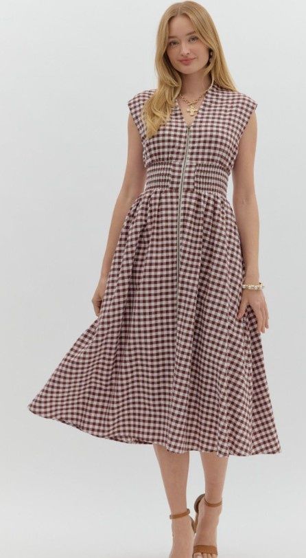 GinghamPattern V-neck Sleeveless Midi Dress, Color: Chocolate, Size: Small