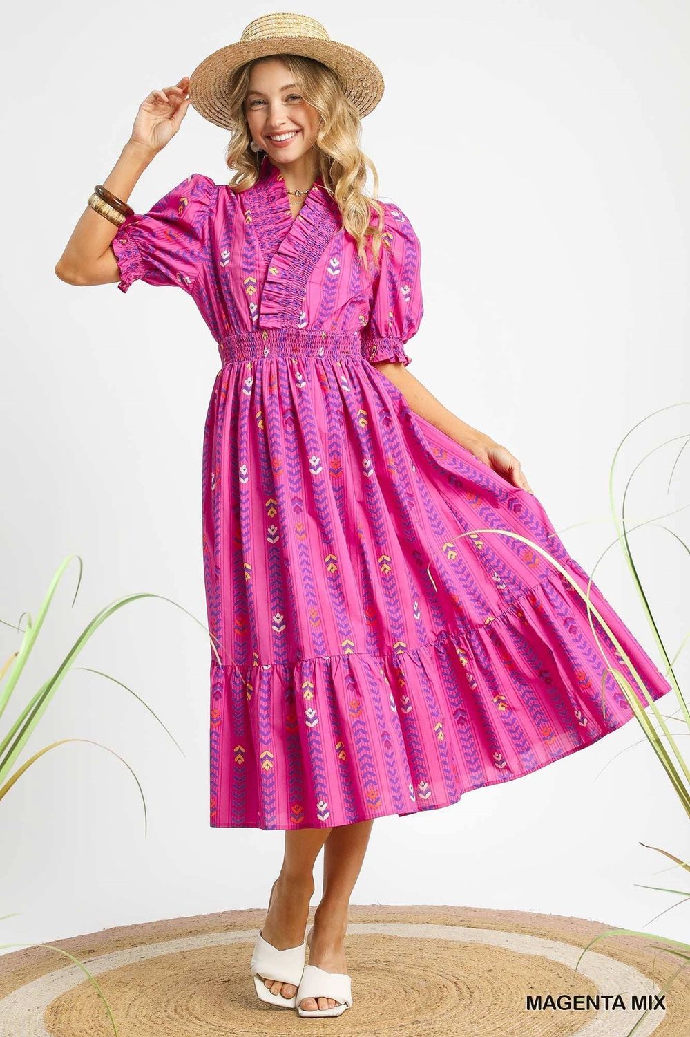Ruffle Smocked Midi Dress, Color: Magenta Mix, Size: Small