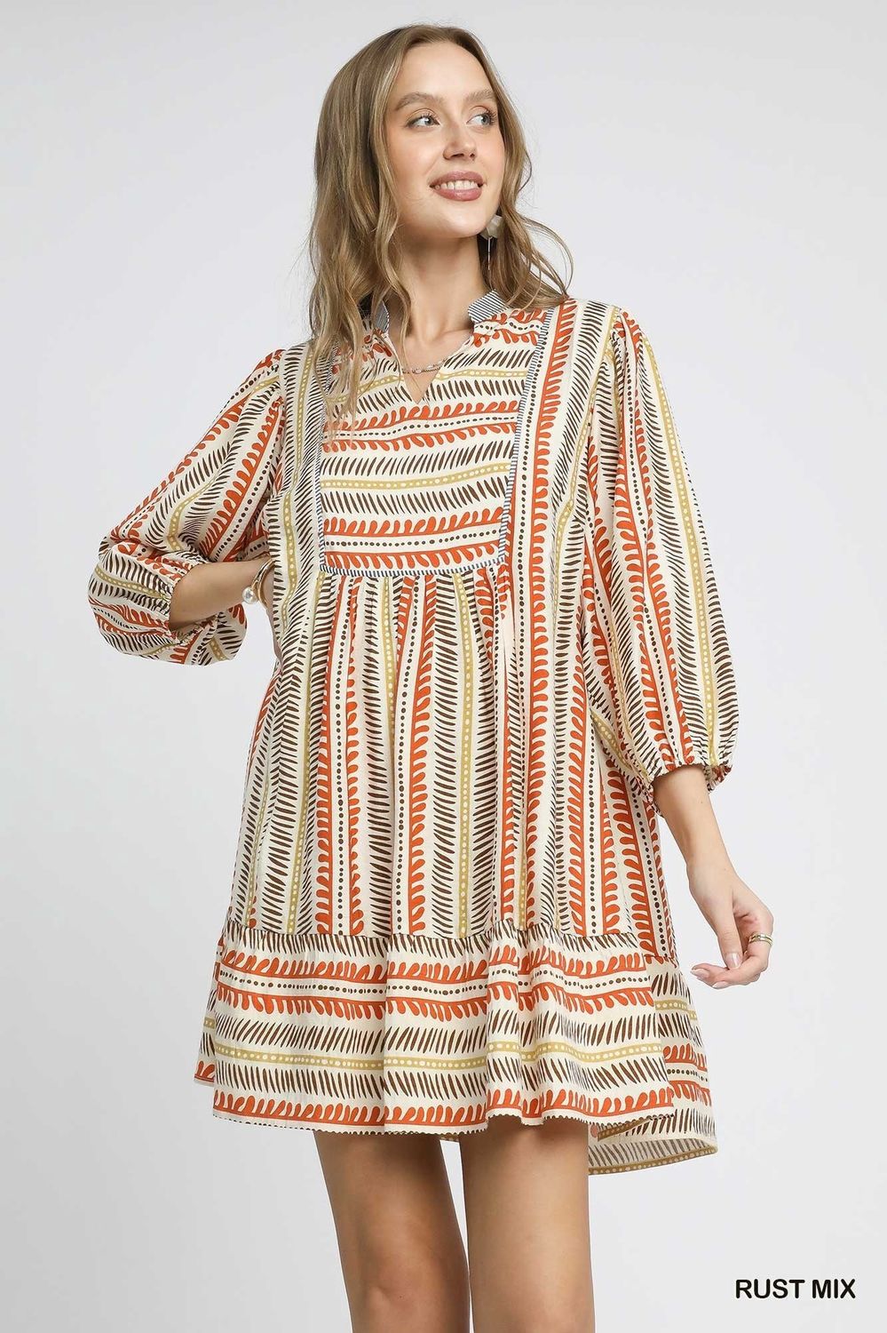 Aztec Print Babydoll Dress, Color: Rust Mix, Size: Small