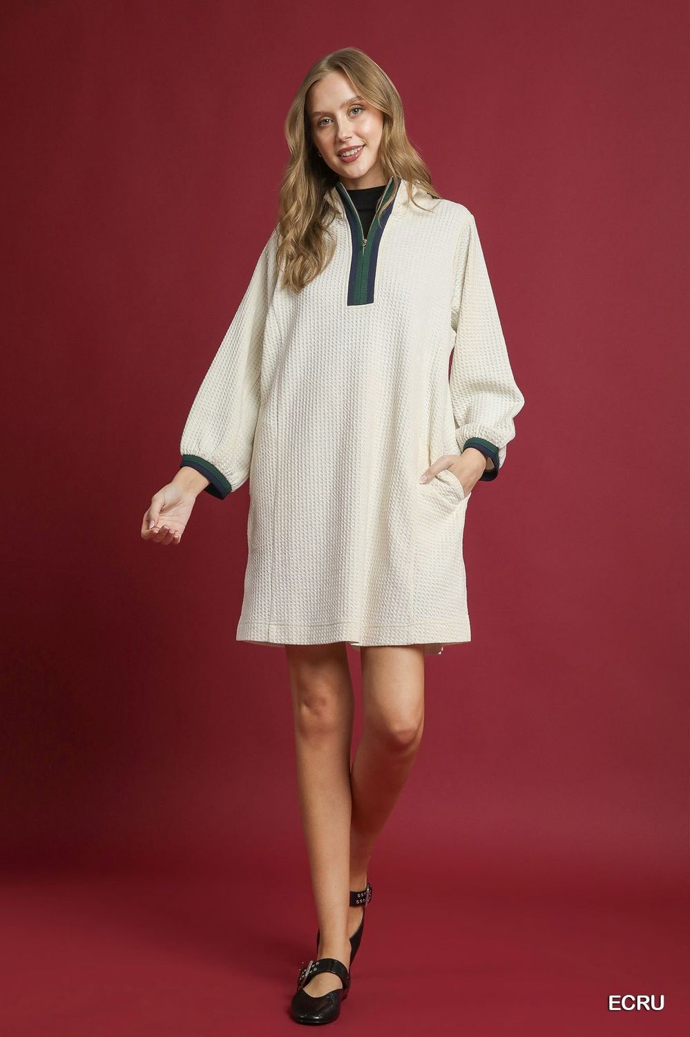 Waffle Knit Qtr Zip Dress, Color: Ecru, Size: Small
