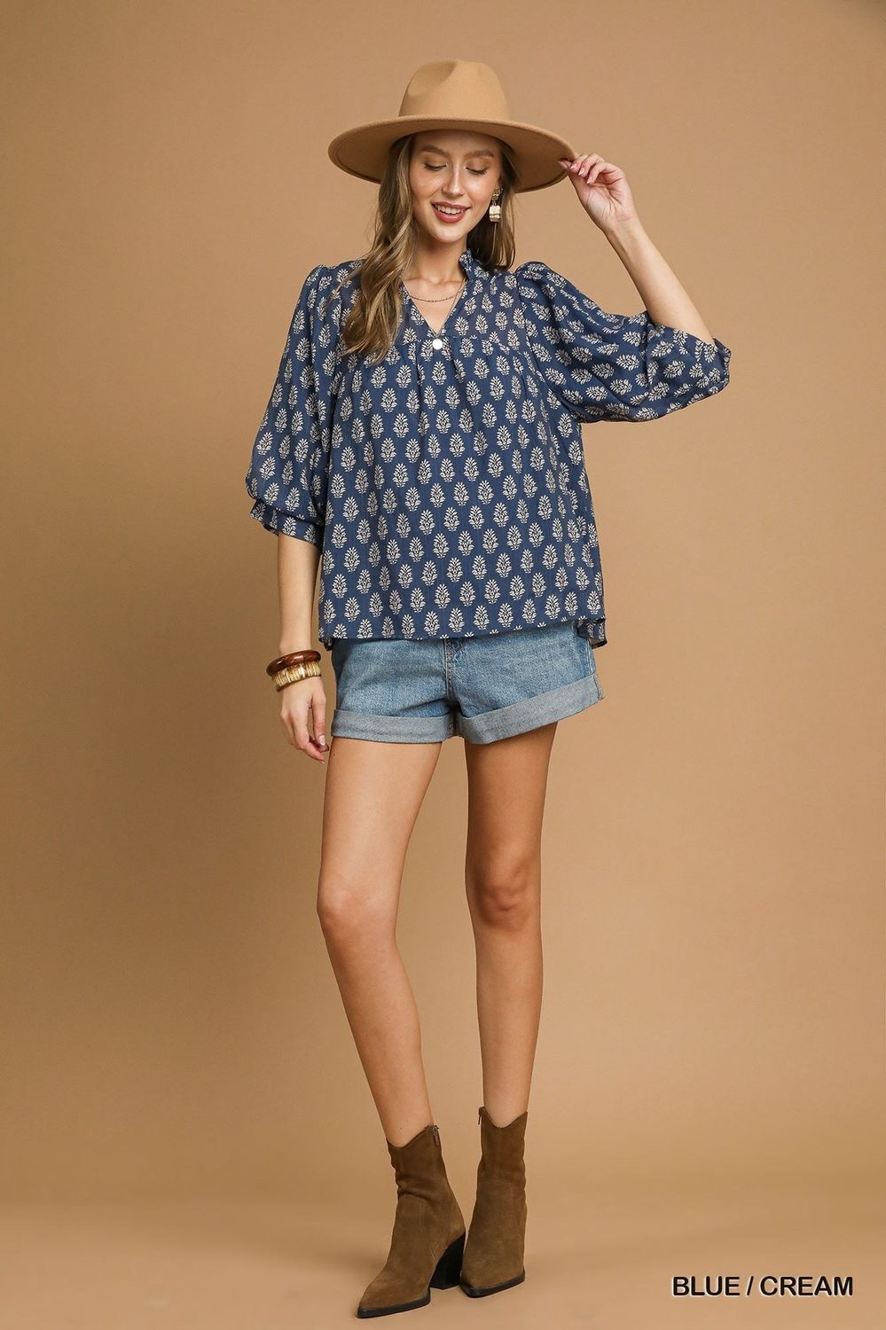 Floral Print V-Split Blouse, Color: Blue/Cream, Size: Small
