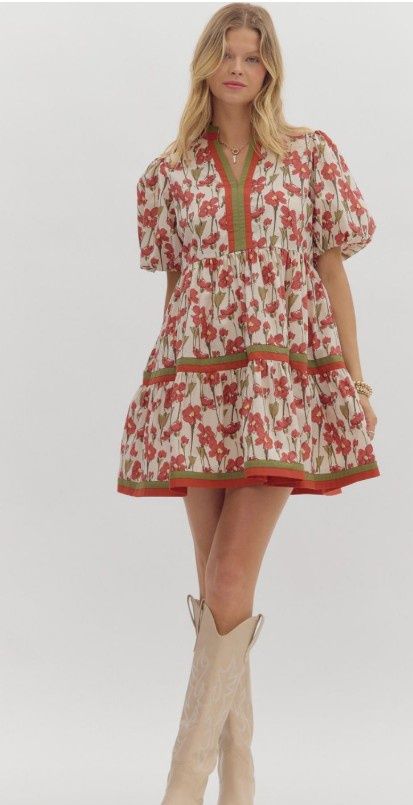 Floral Print Bubble Slv Tiered Mini Dress, Color: Rust, Size: Small