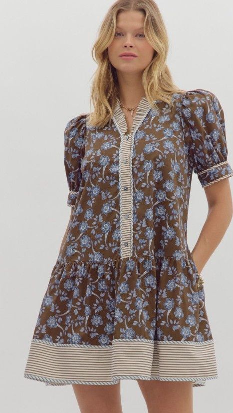 Floral Print Puff Slv Mini Dress, Color: Brown, Size: Small