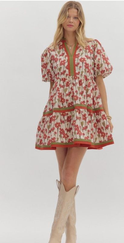 Floral Print Bubble Slv Tiered Mini Dress