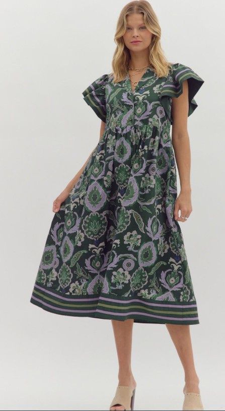 Multi Print Flutter Slv Midi Dress, Color: Green, Size: Small