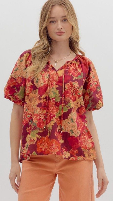 Floral Bubble Slv Keyhole Neckline Top, Color: Wine, Size: Small