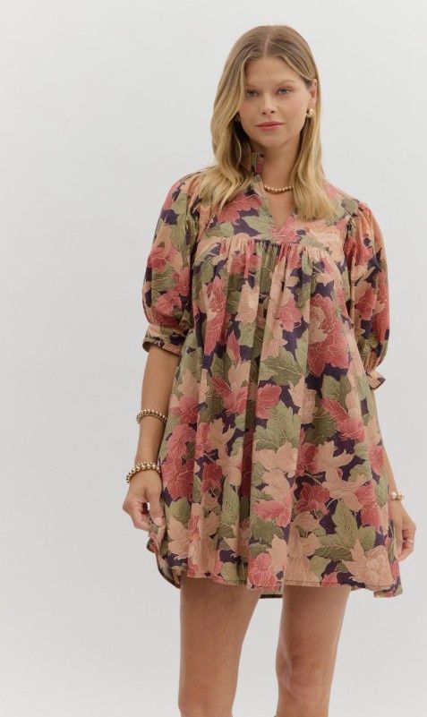 Floral 3/4 Slv Mini Dress, Color: Brown, Size: Small