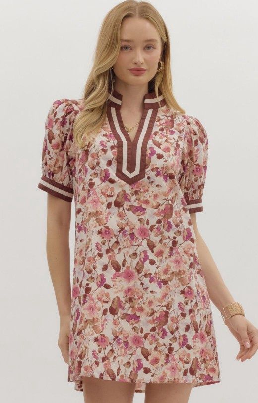 Floral print short puff sleeve mini dress
