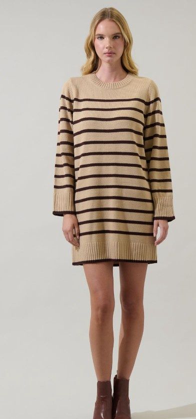 Striped Sweater Mini Dress, Color: Taupe/Multi, Size: X-Small
