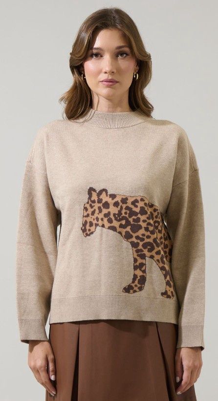Leopard Knit Sweater, Color: Oatmeal, Size: X-Small