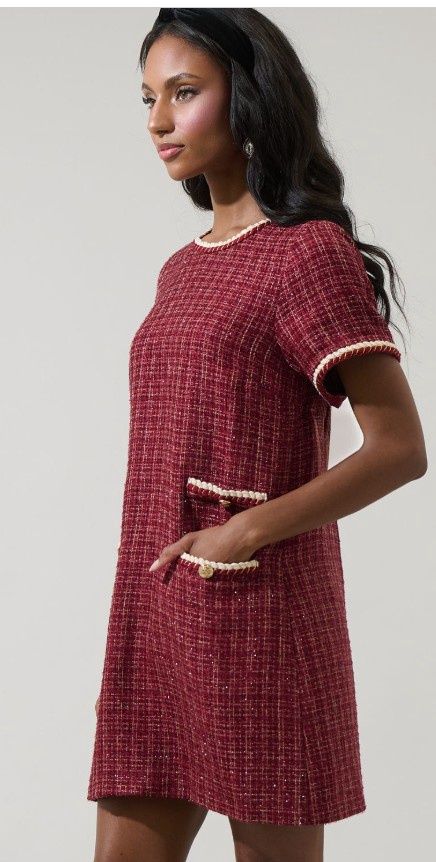 Tweed Shift Mini Dress, Color: Cherry/Multi, Size: X-Small