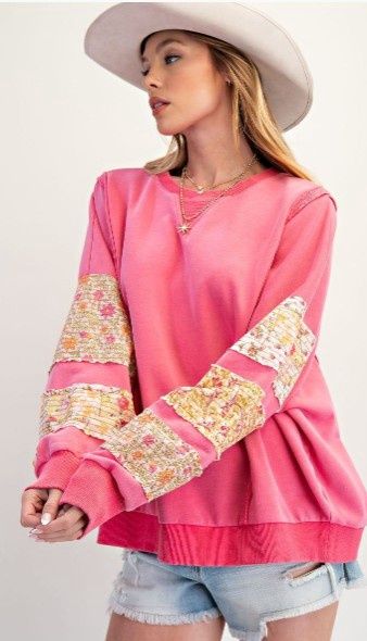 L/S Mix Print Mineral Wash Top, Color: Bubblegum, Size: Small