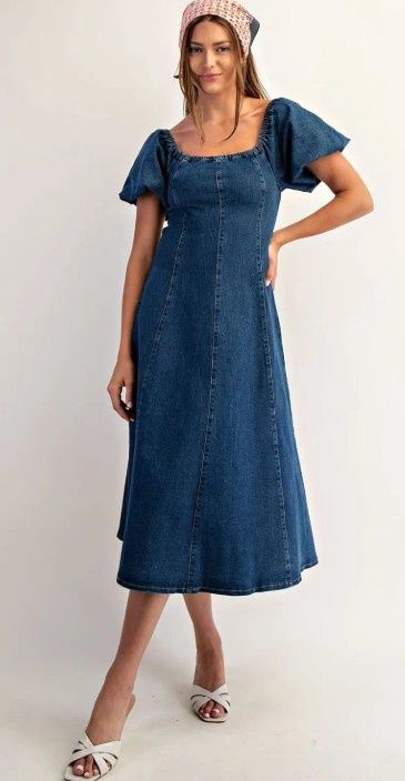 Mineral Wash Puff Slv Midi Dress, Color: Denim, Size: Small