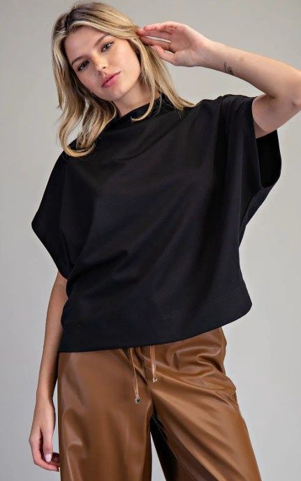 Mock Neck S/S Top, Color: Black, Size: Small