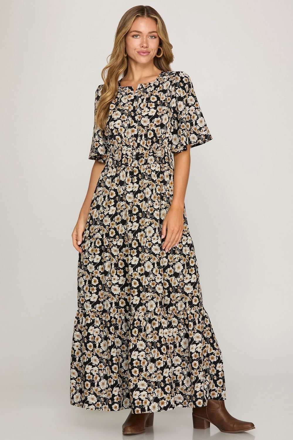 Tiered Half Flutter Sleeve Max Dress, Color: Black, Size: Small