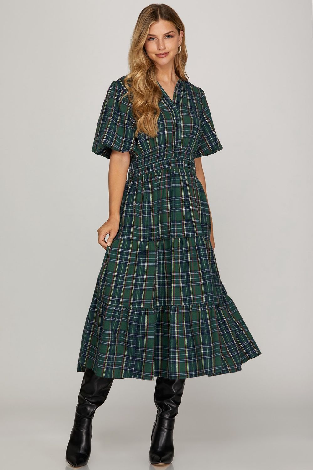 Plaid Puff Sleeve Tiered Midi Dress, Color: Green, Size: Small