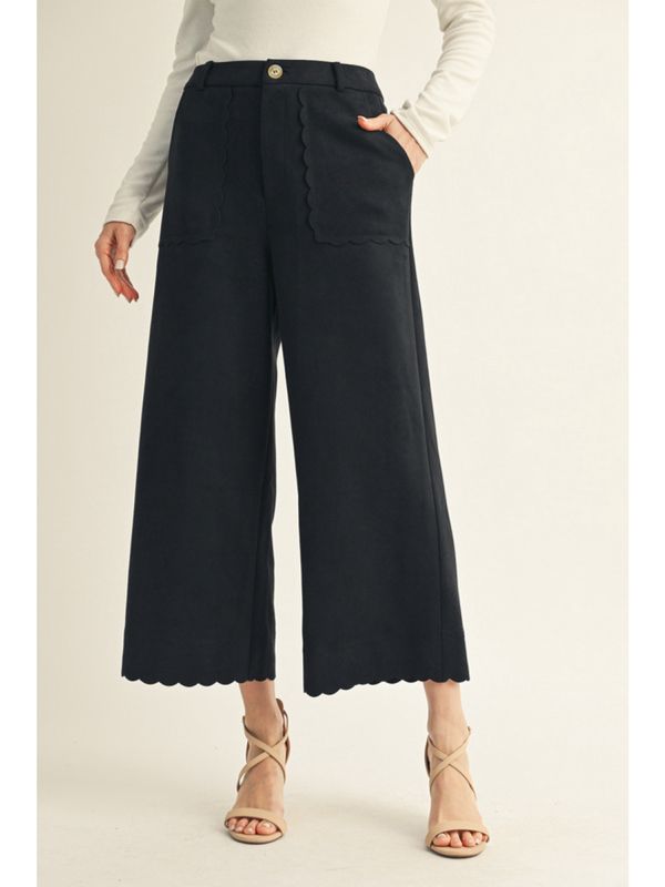 Wide Leg Suede Pants w/ Scallop Edge