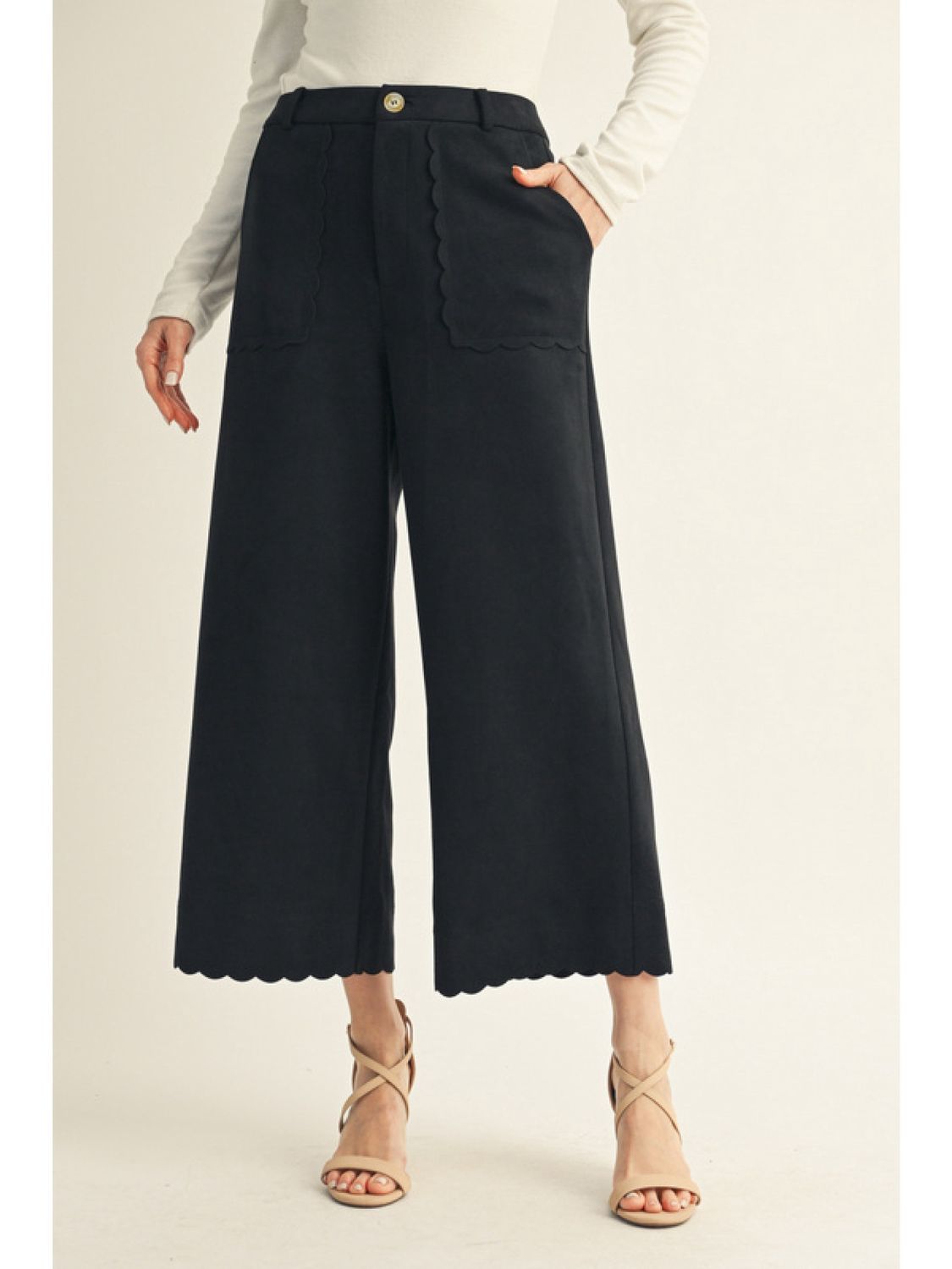 Wide Leg Suede Pants w/ Scallop Edge, Color: Black, Size: Small