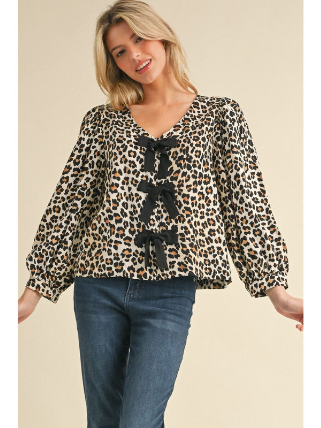Leopard Print V Neck Top with Bows, Color: Taupe, Size: Small