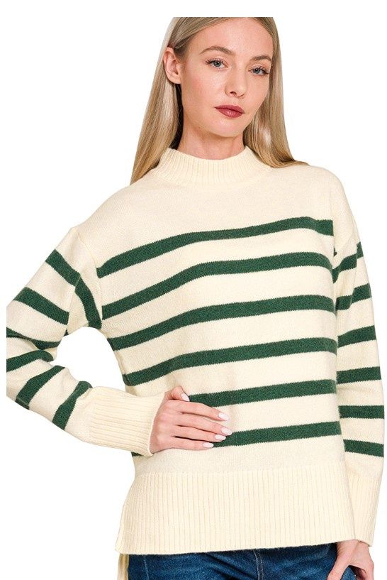 Striped Mock Neck Sweater, Color: Cream/Dk Green, Size: Small