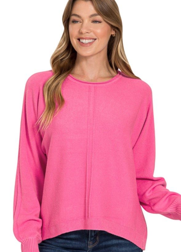 Front Seam Round Neck Sweater, Color: Fuchsia, Size: Small