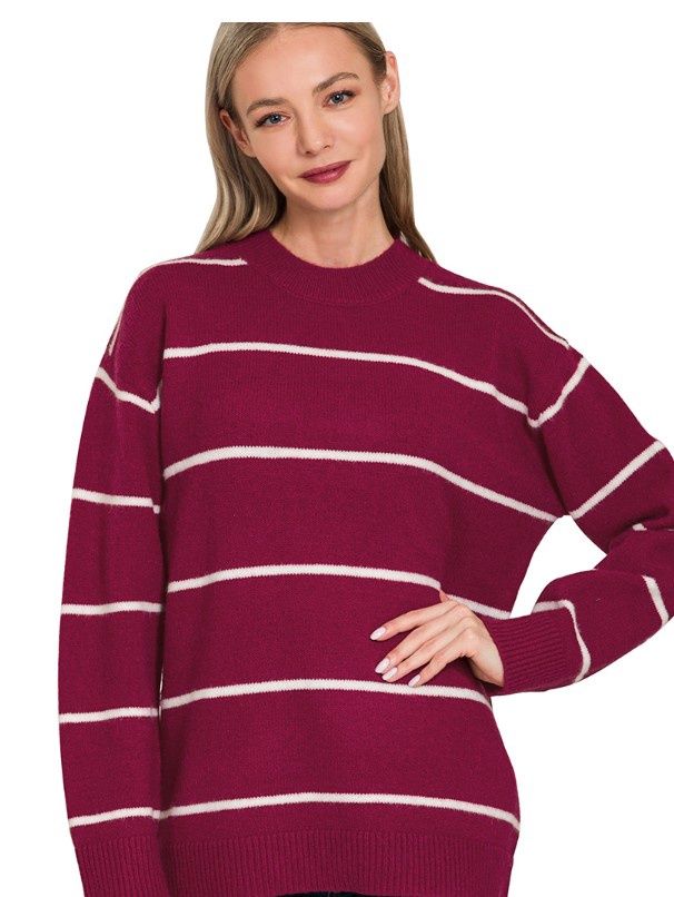Round Neck Stripe Sweater, Color: Cabernet/Ivory, Size: Small
