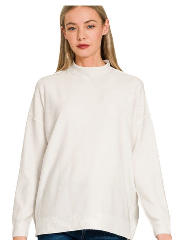 Mock Neck Exposed Seam Sweater, Color: Ivory, Size: Small