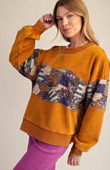 Print Mix Washed Knit Pullover, Color: Camel, Size: Small