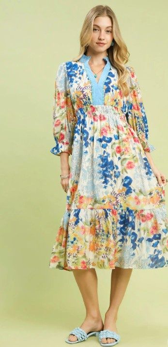 Mix Floral Print Maxi Dress, Color: Blue Mix, Size: Small